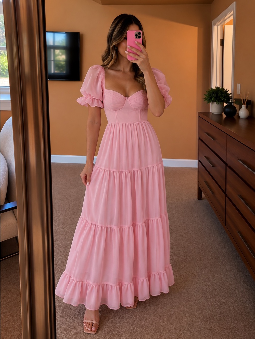 Lulu's Blush Pink Off-Shoulder Puff Sleeve Formal Dress